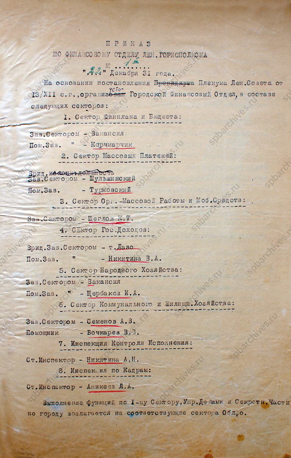 Приказ по личному составу Ленгорфинотдела от 22 декабря 1931 г.<br />
<em>Объединённый ведомственный архив Комитета финансов Санкт‑Петербурга.<br />
Ф.1. Оп.1. Д.1. Л.1, 1об.</em>