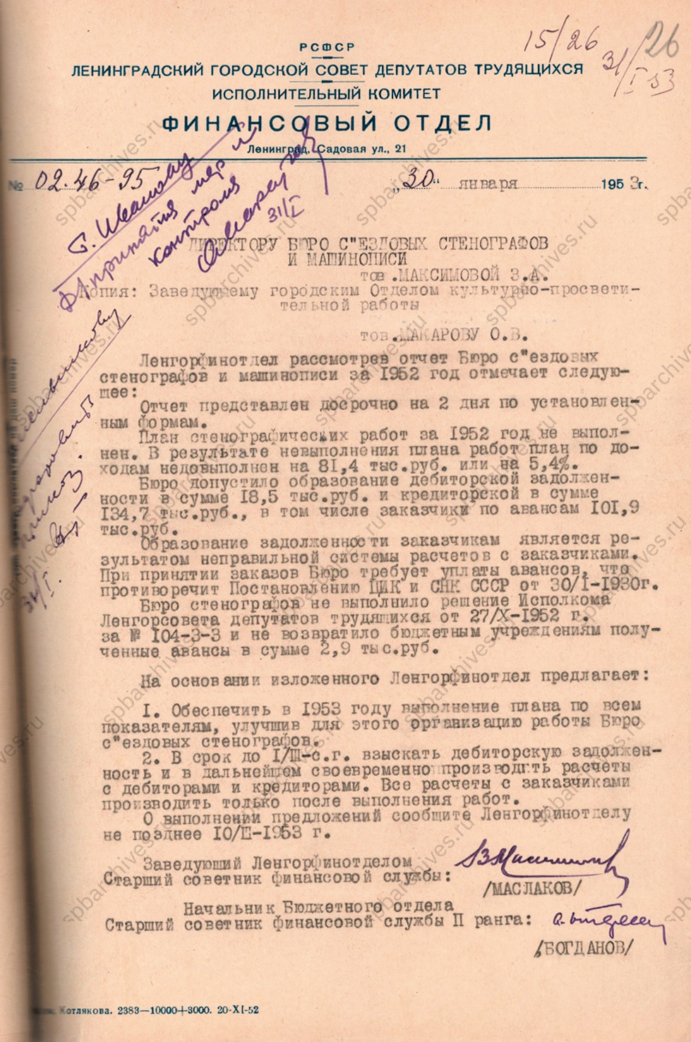 Заключение Ленгорфинотдела по отчёту Бюро съездовых стенографов и машинописи за 1952 г.<br />
30 января 1953 г.<br />
<em>ЦГАЛИ СПб. Ф.Р-277. Оп.1. Д.1529. Л.26.</em>